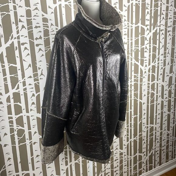 Patent Leather Funnel Neck Shearling Jacket - Picture 1 of 13